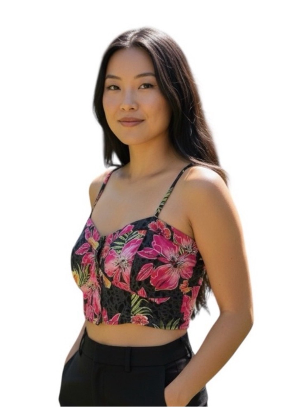 AMERICAN RAG Woman’s Tropical Print Crop Top with Adjustable Straps size M